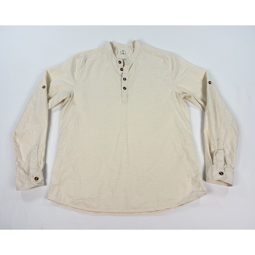 Nitagut Men's M Beige Linen Blend Long Sleeve Henley Shirt Boho Beach Casual